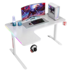  Gaming Desk D2200 - LED RGB Lights Along Edges - Cup Holder; Headset Stand - White 