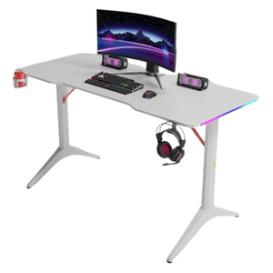 Gaming Desk 2208 - LED RGB Lights Along Edges - Cup Holder; Headset Stand - White 