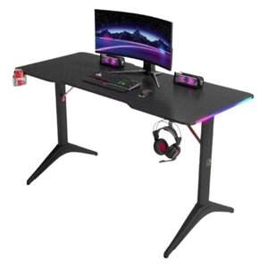 Gaming Desk D2208 - LED RGB Lights Along Edges - Cup Holder; Headset Stand - Black
