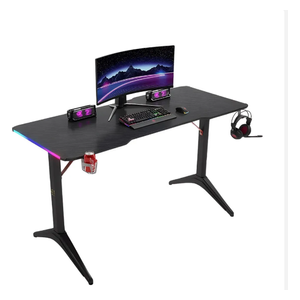 Gaming Desk D2208 - LED RGB Lights Along Edges - Cup Holder; Headset Stand - Black