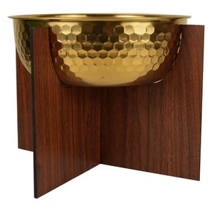 Seen Large Serving Bowl With Wooden Stand - Gold