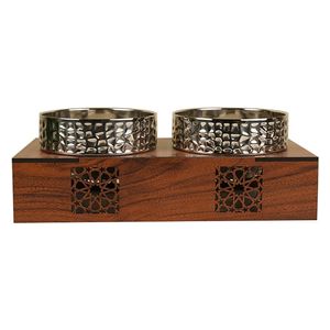 Seen Serving Bowl With Wooden Stand Set - 2 piece - Silver