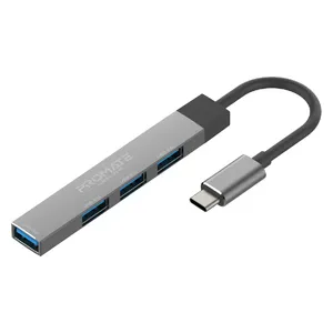 Promate LiteHub 4 - High Speed 4× USB-A Hub with USB-C Input - 5Gbps Data Transfer - Gray