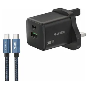  شاحن  جداري ماستر - بمنفذين بقوة 30 واط مع كيبل يو اس بي سي إلى يو اس بي سي سي - بقوة 60 واط - اسود 