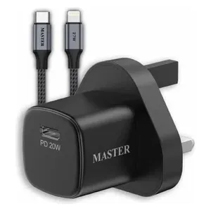  شاحن جداري ميني ماستر - منفذ واحد - 20 واط - مع كيبل يو اس بي سي الى لايتينغ - بقوة 27 واط - اسود 