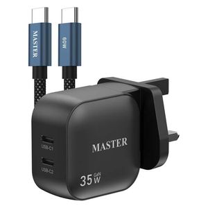  شاحن جداري ماستر - MSCH2PTC60W BK - منفذين - بقوة 35 واط - مع كيبل يو اس بي سي الى يو اس بي سي - بقوة 60 واط - اسود 