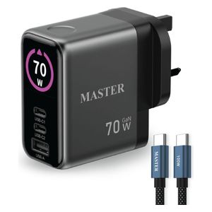  شاحن جداري ماستر - MSCHGFCH70W GY - بقوة 70 واط - 3 منافذ - مع كيبل يو اس بي سي الى يو اس بي سي - بقوة 100 واط - رمادي 