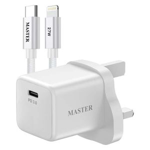  شاحن جداري ماستر - MSCH25WCTOL27W WH - منفذ واحد - 25 واط - مع كيبل يو اس بي سي الى لايتينغ - بقوة 27 واط - ابيض 