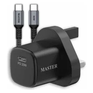  شاحن جداري ماستر - MSPDCH20WCC60 BK - منفذ واحد - 20 واط - مع كيبل يو اس بي سي الى يو اس بي سي - بقوة 60 واط - اسود 