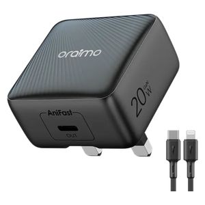 شاحن جداري أورايمو - قوة 20W - تقنية AniFast - كيبل يو اس بي سي  إلى لايتينغ  - 1 متر - اسود