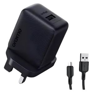 شاحن جداري Oraimo بقوة 18W - منفذ ثنائي - شحن سريع - مع كيبل لايتينغ - بطول 1 متر - اسود