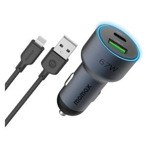 Momax Car Charger - 2 Ports 67W - Fast Charging & Integrated Protection - USB-C to USB-C Cable - Black