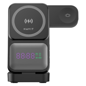 Havit 3-in-1 Wireless Charger with Digital Clock - Charges Phone, Watch, and Earphones - LED Alarm Clock