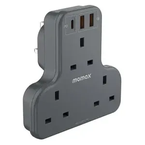 مقبس مومـاكس - تصميم على شكل حرف T لتنظيم الكابلات والأجهزة بشكل مثالي - ثلاثة منافذ طاقة لأجهزة متعددة - رمادي