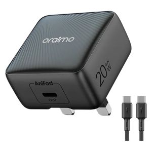شاحن جداري Oraimo بقوة 20W - تقنية AniFast - كيبل يو اس بي سي  إلى يو اس بي سي  - شحن سريع وآمن - اسود