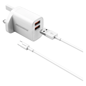 شاحن جداري روك روز - 18 واط - منفذين يو اس بي اي و يو اس بي سي  - 1 متر - أبيض