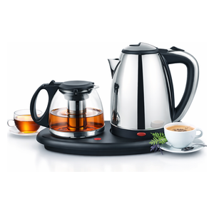 سلفر كرست طقم غلاية كهربائية مع إبريق شاي زجاجي 2 في 1 - سلفر