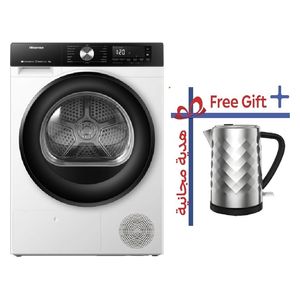 مجففة ملابس مع مضخة تسخين هايسنس - 9 كجم - DH3S902BW -  ابيض + غلاية هايسنس - سعة 1.7 لتر - فلتر قابل للإزالة - H17KSSS2 - سلفر