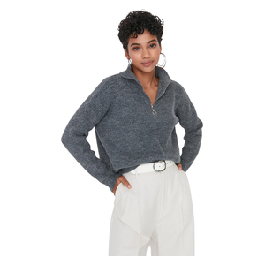 Trendyolmilla Women’s Soft Textured Zippered Knitwear Sweater - Gray