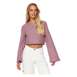 Trendyolmilla Crew Neck Spanish Sleeve Corduroy Flexible Crop Knitted Blouse - Pink