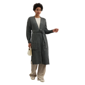 Trendyol Modest Belted Long Thessaloniki Knitted Knitwear Cardigan - Gray