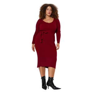 Trendyol Curve Tie Waist Detailed Buttoned Knitwear Dress - Red
