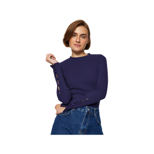 Trendyolmilla Buttoned Corduroy Stand-Up Collar Cotton Flexible Knitted Blouse - Navy Blue