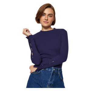 Trendyolmilla Buttoned Corduroy Stand-Up Collar Cotton Flexible Knitted Blouse - Navy Blue