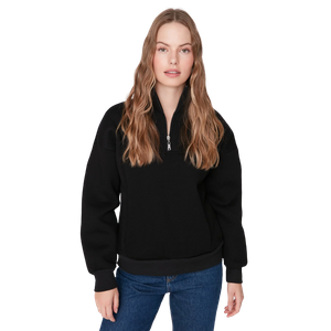 Trendyolmilla Wide Fit Zippered Stand Collar Thick Inside Sweatshirt - Black
