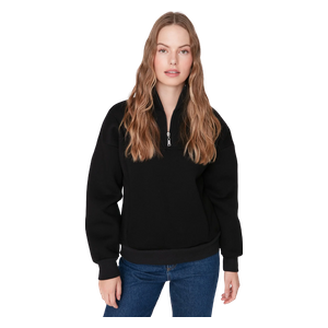 Trendyolmilla Wide Fit Zippered Stand Collar Thick Inside Sweatshirt - Black