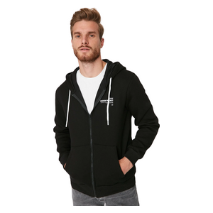 Trendyol Man Men's Regular/Normal Cut Hooded Slogan Printed Sweatshirt-Cardigan - Black