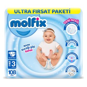  Molfix Midi Ultra Diapers for Babies - Size 3 - 108 Pieces 