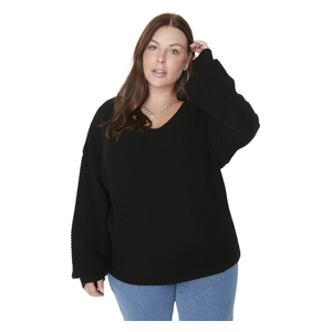 Trendyol Curve V-Neck Drop Shoulder Knit Sweater - Black