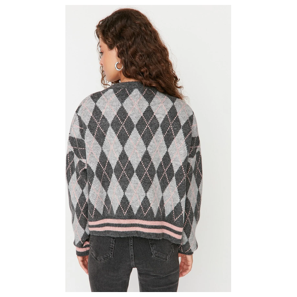 Trendyolmilla Women’s Wide Fit Soft Textured Diamond Patterned Knitwear - Gray