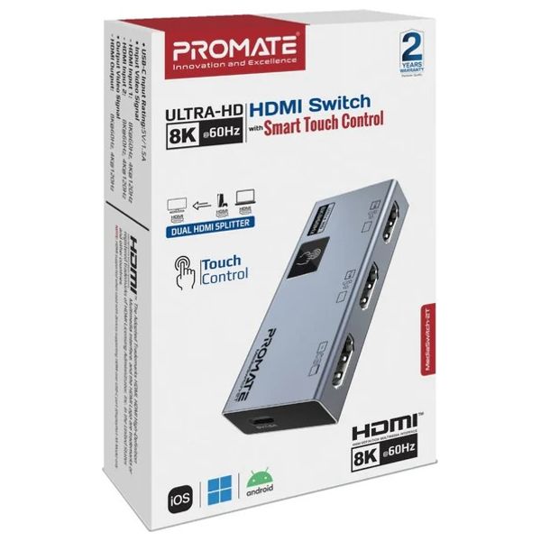  Promate MediaSwitch 2T - Dual 2×1 HDMI Switch 8K with Touch Control - 120Hz 