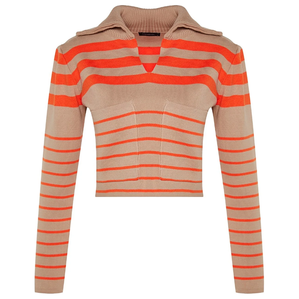 Trendyolmilla Women’s Crop Striped Polo Neck Knitwear Sweater - Beige
