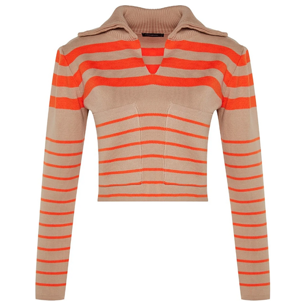 Trendyolmilla Women’s Crop Striped Polo Neck Knitwear Sweater - Beige