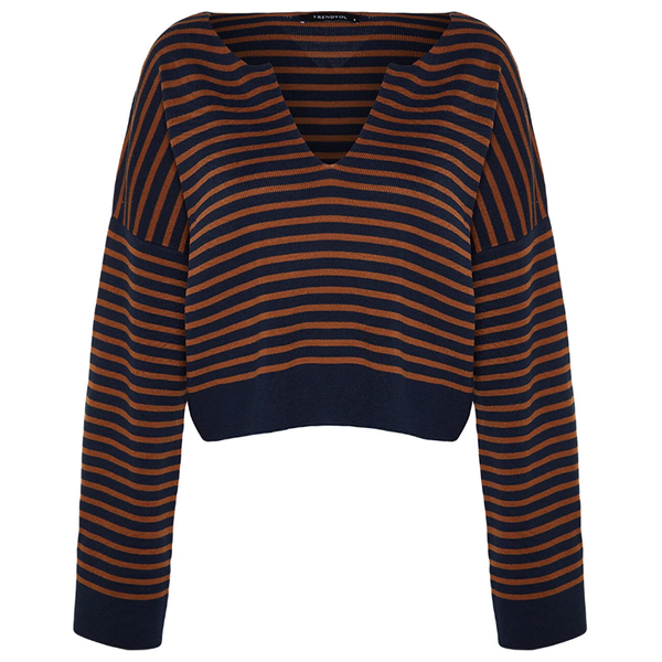 Trendyolmilla Women’s Wide Pattern Striped Knitwear Sweater - Navy