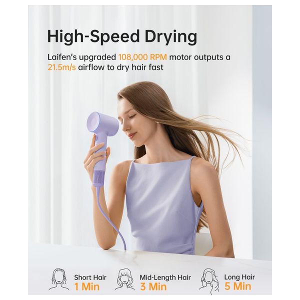 Laifen SE2 - High-Speed Hair Dryer - 1400W - Smart Temperature Control - Purple + Hair Brush