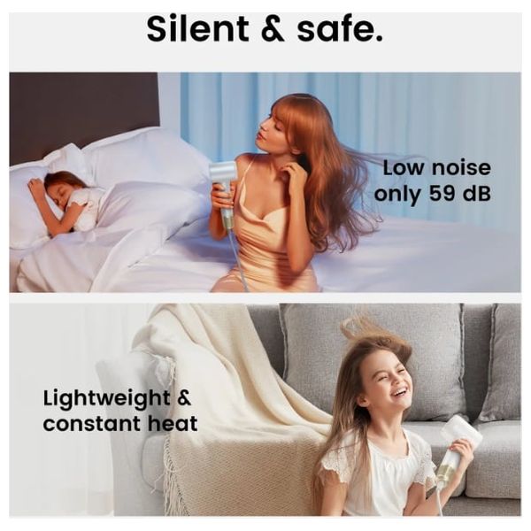 Laifen Swift Premium Hair Dryer - powerful performance with ionic technology for fast drying - 1400W - Golden White + Hair Brush