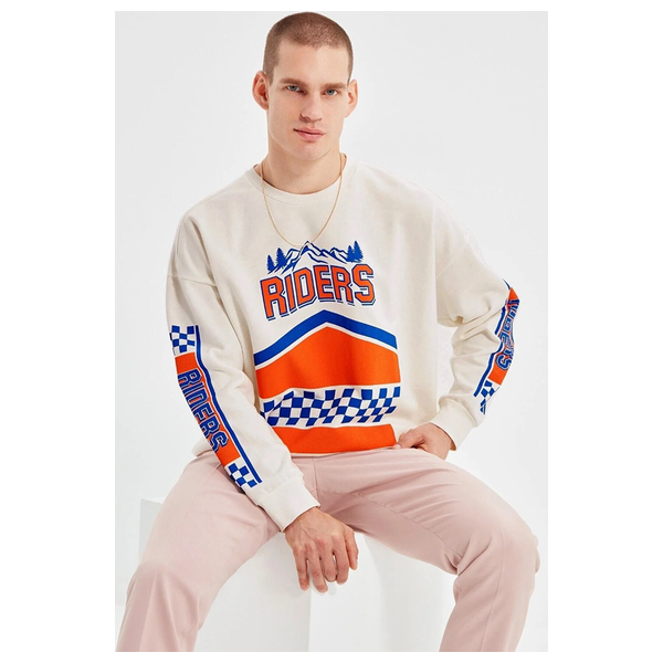 بلوزة بنقوش طويلة الأكمام مع قصة فضفاضة للرجال من ترينديول مان - بيجي فاتح