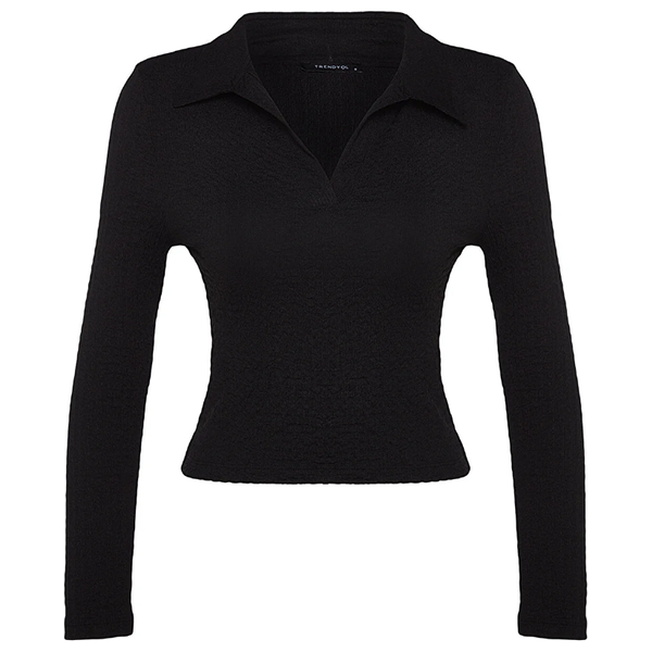 Trendyolmilla Textured Slim Half Pat Polo Collar Flexible Knitted Blouse - Black