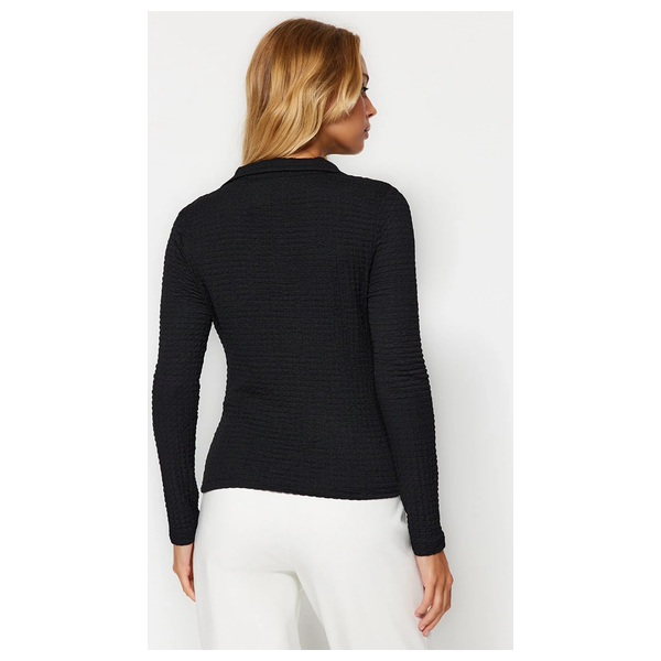 Trendyolmilla Textured Slim Half Pat Polo Collar Flexible Knitted Blouse - Black