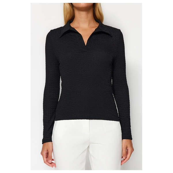 Trendyolmilla Textured Slim Half Pat Polo Collar Flexible Knitted Blouse - Black
