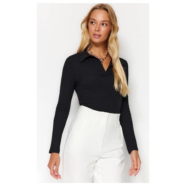 Trendyolmilla Textured Slim Half Pat Polo Collar Flexible Knitted Blouse - Black