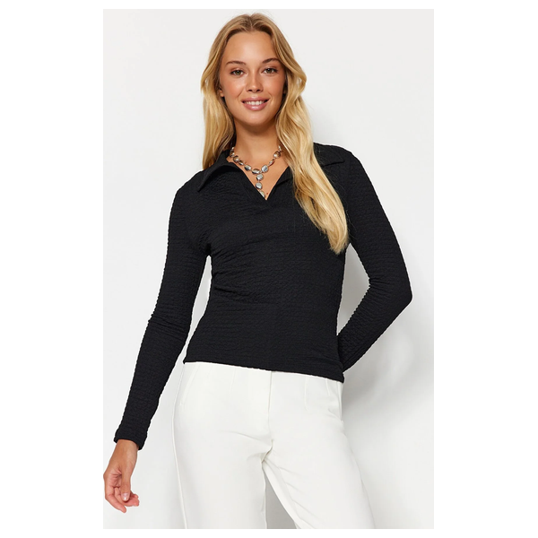 Trendyolmilla Textured Slim Half Pat Polo Collar Flexible Knitted Blouse - Black
