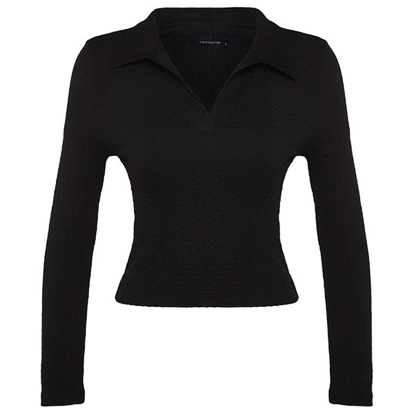 Trendyolmilla Textured Slim Half Pat Polo Collar Flexible Knitted Blouse - Black