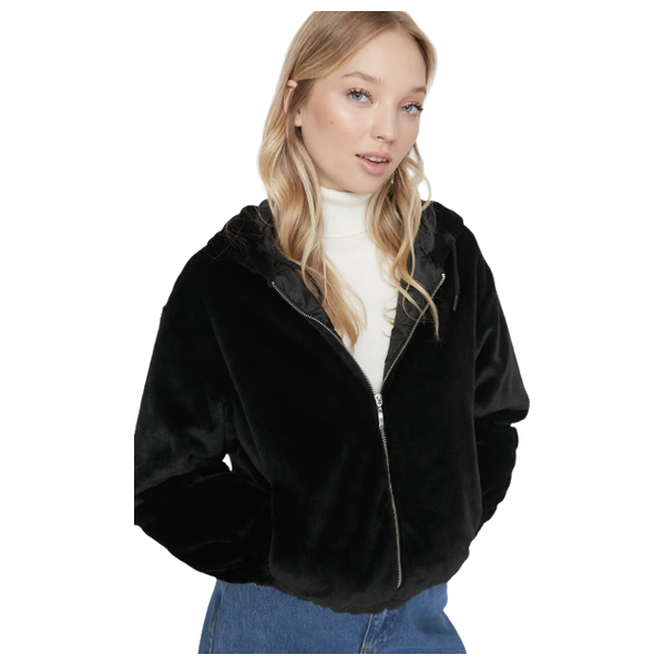 Trendyolmilla Oversize Hooded Plush Coat - Black