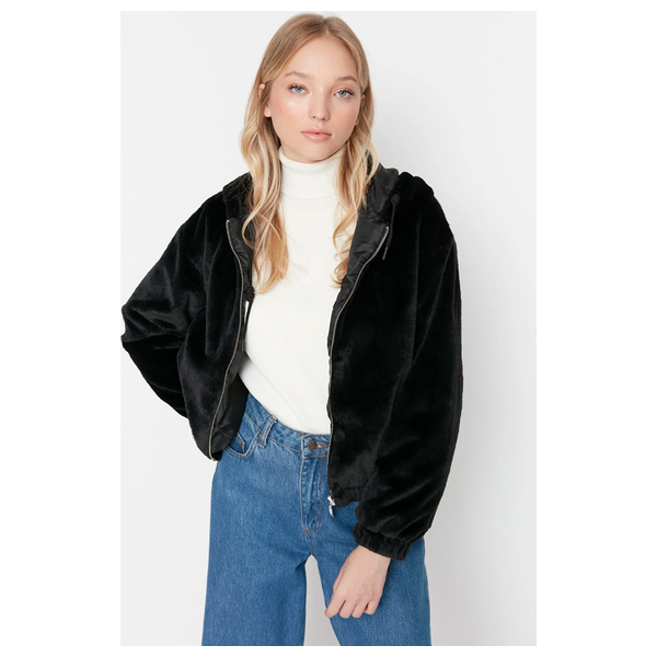 Trendyolmilla Oversize Hooded Plush Coat - Black