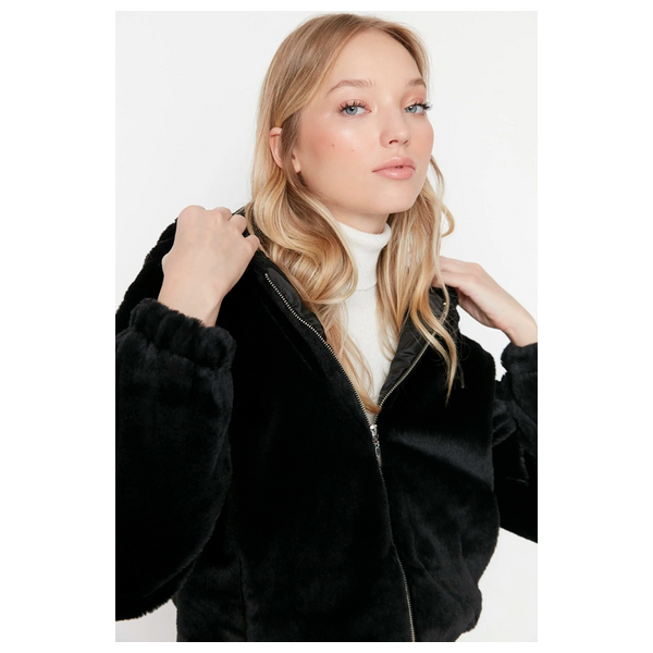 Trendyolmilla Oversize Hooded Plush Coat - Black
